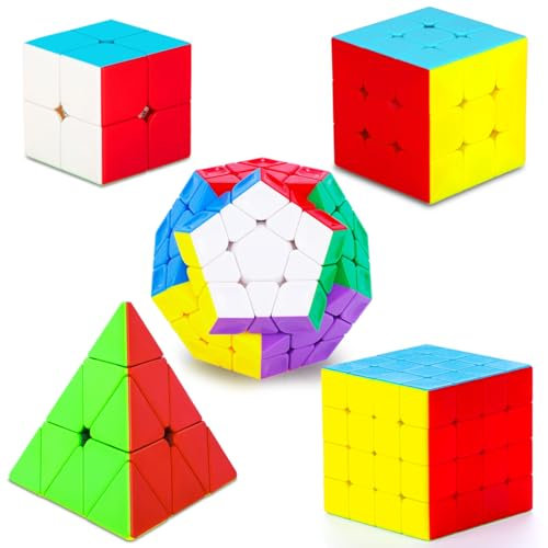 Coolzon Zauberwürfel 5 Stück Speed Cube Set Pyraminx + Megaminx + 2x2 + 3x3 + 4x4 Magic Puzzle Cube Würfel ohne Aufkleber Zauberwürfel für Kinder Erwachsene