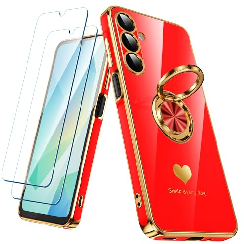 Nonional for Samsung Galaxy A16 5G/4G Case with 2 Pack Screen Protector, 360° Rotatable Ring Holder [Luxury Hearts Pattern] Plating Gold Edge Slim Soft Phone Cover Case for Galaxy A16 - Red