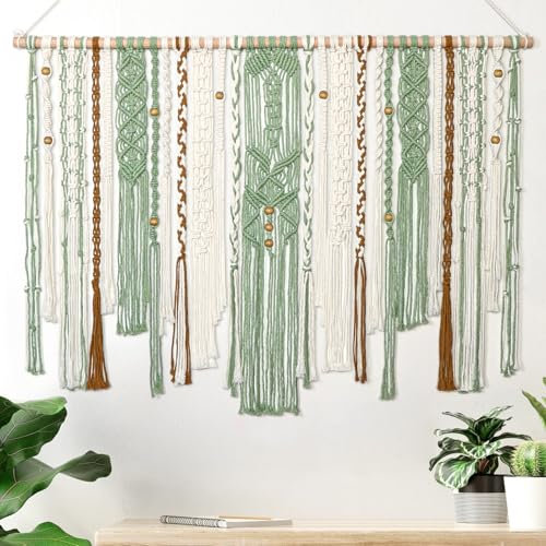 LOMOHOO Tapiz de pared grande de macramé para colgar en la pared, 98 x 75 cm, tapiz de pared bohemio hecho a mano, regalo para el hogar, estético, verde, arte de pared para sala de estar, dormitorio,