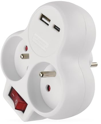 EMOS - Prise Multiple avec 2 Ports USB et Interrupteur, Double Prise avec Port USB-A et USB-C Max. 3,4 A/17 W - Bouton on/Off - IP20 pour intérieur - Blanc - 250V/16 A/3680 W