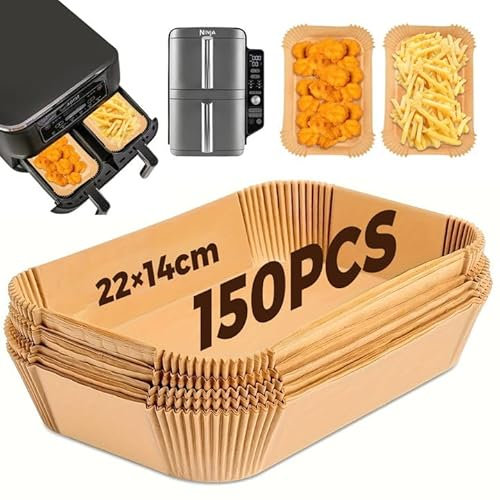 Papier Cuisson Air Fryer, 150 pièces Food-Grade 22 x 14 cm Rectangulair, Jetable Antiadhésive Sans Huile Papier Parchemin, Pour Ninja Air Fryer Foodi Dual Zone Double Stack et autres Double Airfryer