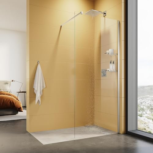 SUNXURY Cabine de douche à l'italienne 90 cm, porte de douche fixe avec barre de support et 2 étagères en verre 90 x 200 cm, paroi de douche en verre de sécurité transparent de 8 mm