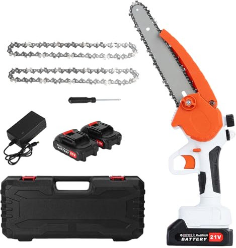 Mini Chainsaw 8 Inch, Cordless Chainsaw with 2x2.0AH Batteries and 2 Chains, Electric Handheld Chain Saw with Safety Lock for Pruning Trees and Cutting Wood (Orange)