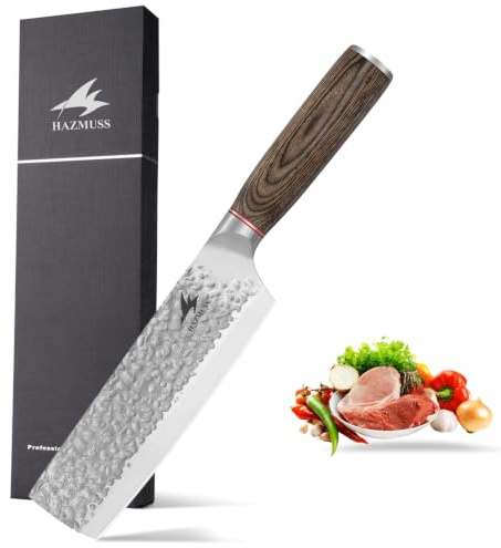 HAZMUSS 16,2 cm Japanisches Gehämmertes Nakiri-Messer aus Kohlenstoffreichem Edelstahl mit Bequemem Griff aus Pakkaholz für Haushalt und Küche