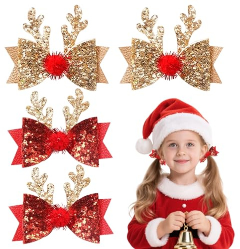 YTAXYZWR Pinces à Cheveux de Noël pour Filles et Femmes, 2 Paires Accessoires Coiffure Rennes Bois Rouge doré, épingles avec n UD Papillon pour fête déguisement