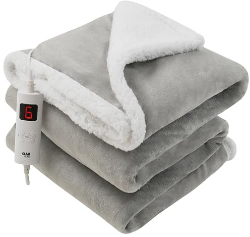 GlamHaus Luxury Electric Heated Throw, Large Reversible Fleece Over Blanket for Sofa or Bed, 160 x 130cm, Heat And Timer Setting, Auto Shut Off, Digital Controller, Machine Washable (Light Grey)