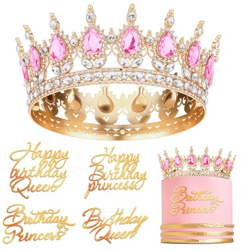 Damen Krone Geburtstag Krone für Torte mit 4 Happy Birthday Tortendeko, Golden Rosa