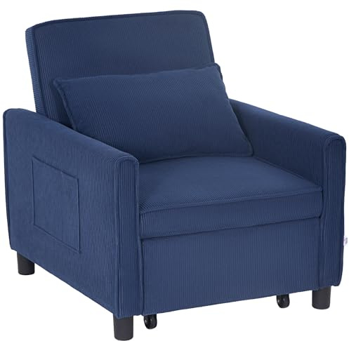 VSOGA 3-in-1 Schlafsessel, Klappbett, Lendenkissen, Verstellbarer Liegestuhl, Rollen, Seitentasche, Wohnzimmer, Kord Blau
