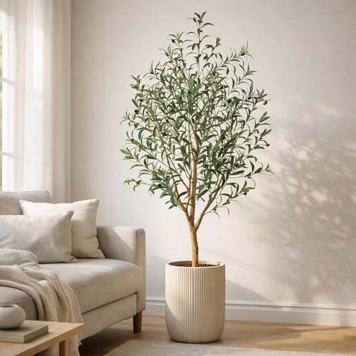 6FT Artificial Olive Tree, 180cm Tall Faux Olive Plant with Lifelike Fruits, Natural Wood Trunk, Adjustable Branches, Maintenance-Free Fake Tree in pot for Living Room, Home Office Indoor Decor
