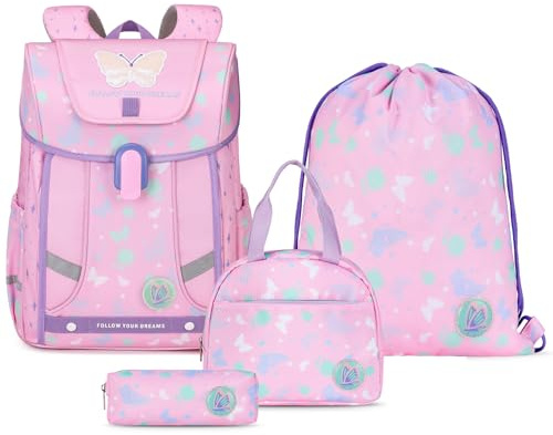 Amythe Ergo Set 4-teilig Schulranzen Mädchen Ergonomischer ab 1. Klasse | Schulrucksack Mädchen Rucksack Kinder mit Brustgurt, Reflektoren, Abnehmbarer Gürtel, Schmetterlingsmotiv