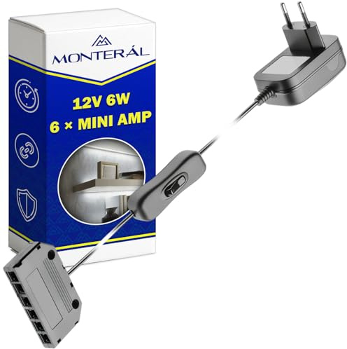 LED Driver 12V 6 x mini AMP 220–240V 50–60Hz 6W mit 1 m Langen Kabel – LED Netzteil 12V mit Kabelschalter - Garantie 10 Jahre - MONTERAL