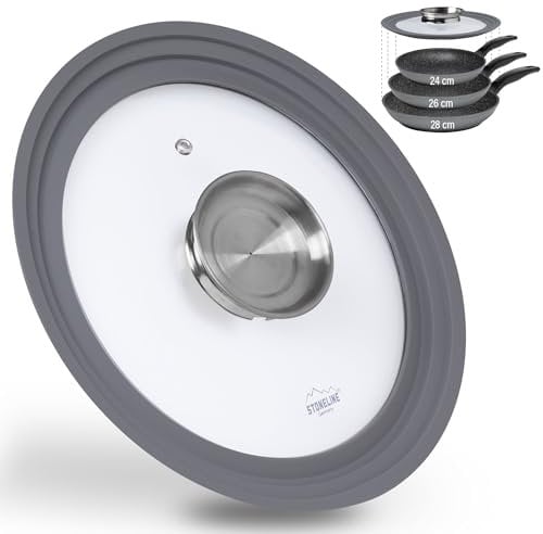 STONELINE 3 in 1 Universaldeckel für Töpfe und Pfannen ø 24/26/28 cm Universal Glasdeckel mit Aroma Funktion, abgestufter Silikonrand, hitzebeständig platzsparend, 3 Größen, Grau