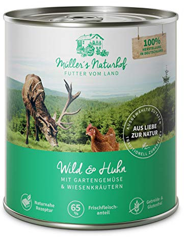 Müllers Naturhof - Wild und Huhn - 6 x 800 g - Nassfutter für alle Hunderassen - getreidefrei und glutenfrei - mit Gartengemüse und Wiesenkräutern - naturnahe Rezeptur mit 65% Fleisch