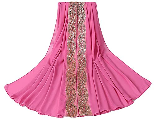 UK_Stone Damen Chiffon Einfarbig Muslimische Hijab Kopftuch Kopfbedeckung Islamischen Hijab Schal Indische Turban-Hüte Turbanmütze mit Champagner Muster, Rose Rot