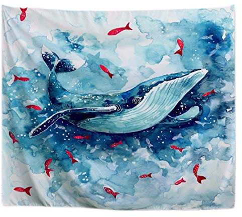A.Monamour Wanddekor Wohnaccessoires Deko Wandteppiche Blaue Aquarell Wal Skizze Rote Fische Stoff Wand Wandbehang Wandbehänge Strandtücher Yoga Decken Für Den Außenbereich Im Freien 153x130cm
