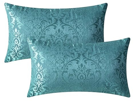 CaliTime Kissenbezüge Kissenhülle 2 Stück ÜberwurfBezüge für Couch Sofa Heimdekoration Vintage-Damast Blumen glänzend und stumpf Kontrast 30 cm x 50 cm Blaugrün