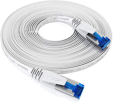 KabelDirekt – LAN Kabel flach, bruchfest konstruiert – 15 m (CAT7 Kabel & Netzwerkkabel, 10 Gbit/s, besonders flexibel und geeignet als Verlegekabel, maximale Glasfaser-Geschwindigkeit, RJ45, weiß)