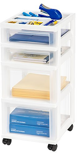IRIS USA Kunststoff-Schubladenaufbewahrung, Organizer, Rollwagen, mit Rollen, 4 Schubladen, für Klassenzimmer, Kunsthandwerk, Kommode, Schrank, Badezimmer, Waschküche, weiß/transparent
