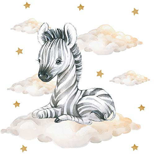 Pandawal Kinderzimmer Deko Wandtattoo Zebra mit Wolken Sterne Junge Mädchen Wandsticker Baby Safari Tiere Wandaufkleber (M, Zebra)