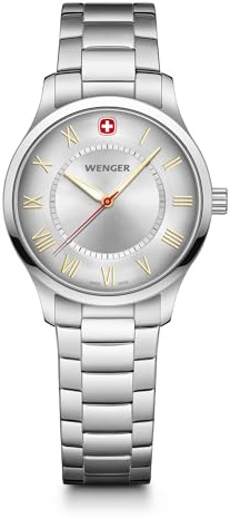 WENGER Damen Armbanduhr City Classic, Edelstahl-Armband, Analog Quarz, Wasserdicht bis 50m, Ø 34mm, Swiss Made, Silber/Gold, 01.1421.125