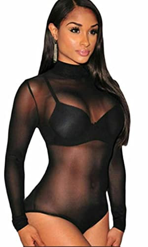 Hiffy Women's Sexy Turtle Polo Neck Sheer Mesh Long Sleeve Bodysuit Ladies Leotard Top (8-10, Black)