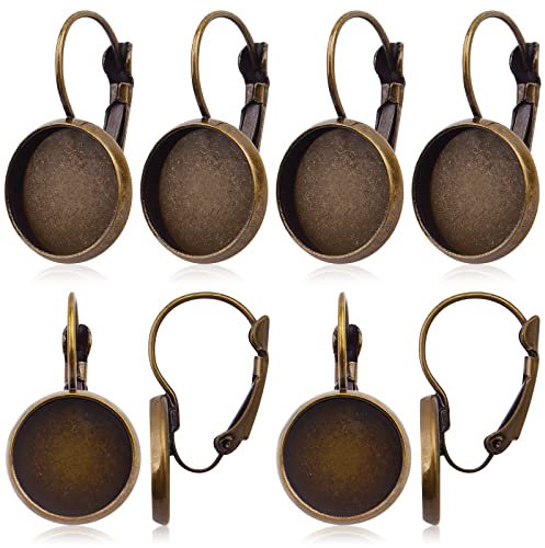 20pcs Brass Leverback Earring Hooks Settings with Flat Round Blank Earring Cabochons Bezel Trays for DIY Earring Dangle Jewelry Making, Antique Bronze