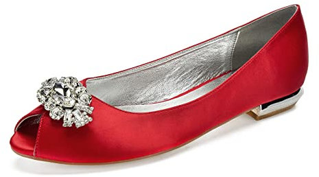 HYMYSUNY Womens Peep Toe Pumps Satin Wedding Bridal Shoes Rhinestones Slip on Ballet Flats,Red,9 UK