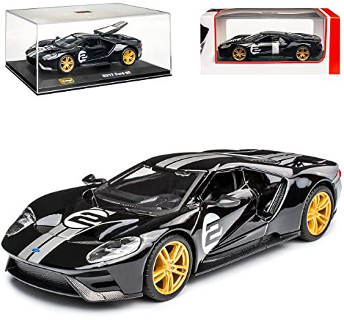 Ford GT Coupe Nr 2 Schwarz mit Streifen in Silber mit Sockel und Vitrine Ab 2017 1/32 Burago Modell Auto mit individiuellem Wunschkennzeichen