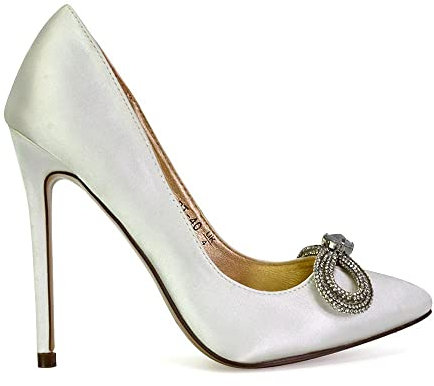 Womens Diamante Bow Court Shoes Ladies Slip On High Heel Stilettos Bridal Party Pointed Toe Size 3-8 Ivory Satin