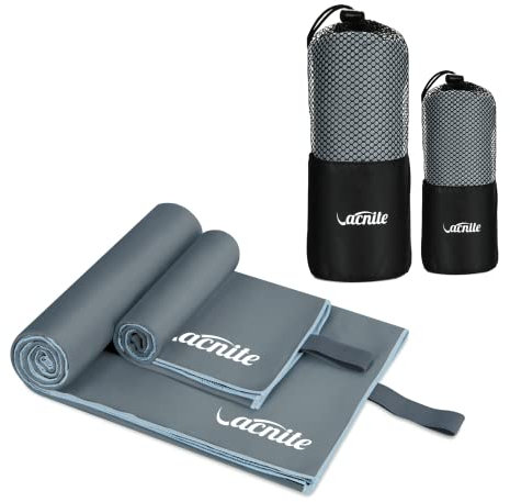 VACNITE Mikrofaser Handtuch 2 Stück-152x80cm/80x38cm - Saugfähiger, Ultra leicht, Schnelltrocknend Sporthandtuch Reisehandtuch Set für Fitness, Strand, Yoga, Sauna, Sport(Grau)