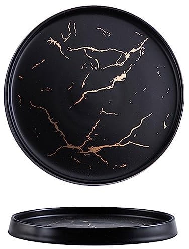 NGDECOR Ceramic Dinner Plates Set of 2 - Gold Marble Pattern Round Matte Dinnerware Dish Set - Porcelain Salad Serving Plates, Appetizer Plates for Steak, Pizza, Snack,Black-10 inch