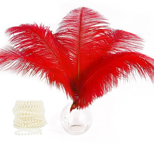 BETESSIN 10 Natürliche Straußenfedern Rot Dekofedern 30-35cm Weihnachtsdeko Weihnachtsbaum Hochzeit Dekoration mit 5 Meter Perlenketten DIY Basteln Tischdeko für Retro Karneval Weihnachten Party