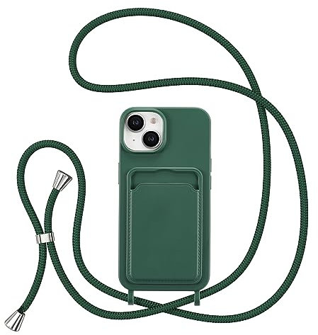 ZTOFERA Crossbody Lanyard Case for iPhone 13 / iPhone 14 with Card Holder, Soft Liquid Silicone Phone Case with Strap Adjustable Neck Cord Necklace Shockproof Protective Cover - Dark Green