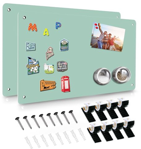Grüne Magnettafel, 44,5 x 29 cm, Magnet-Pinnwand zum Präsentieren von magnetischen Notizen, Poesie, Fotos, geeignet für Wand, Kühlschrank, Schrank usw., mit 4 Stück Dual-Lock-Klebeband und Schrauben