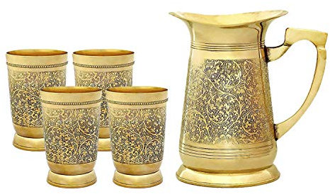 Water Brass Jug Pitcher with 4 Glass Set Drink Ware Set Capacity Jug 1000 ML, Glass 300 ML
