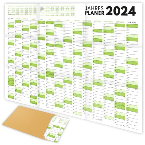 XXL Wandkalender 2024 groß (90x60cm) - Jahresplaner 2024 quer als Kalender für die Wand - Jahreskalender für 14 Monate mit Ferienübersicht - Kalender gefalzt für das Büro