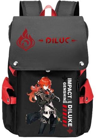 XSLGOGO Genshin Impact-Muster Rucksack Klee Diluc Langlebige Klappe Laptop-Schulter Tasche Leichtes Casual Travel Rucksäcke