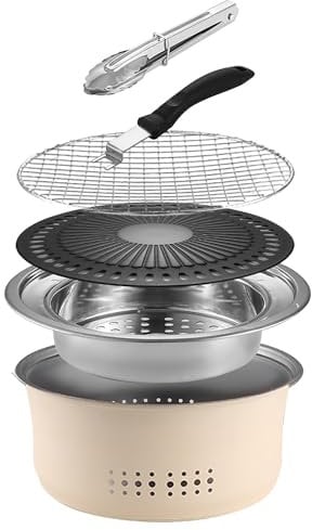 SANQIAHOME Parrilla portátil de carbón de acero inoxidable, antiadherente, redonda, barbacoa o olla caliente, agua hirviendo, estufa de carbón para fiesta en casa, campamento al aire libre