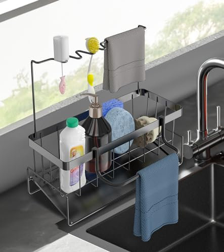 SUVEK Organizador Fregadero Cocina, Soporte Esponja Estropajo, Sink Cepillo Soporte con Bandeja Drenaje y Toallero, Accesorios Fregadero Cocina para Estropajos Caddy Utensilios de Baño