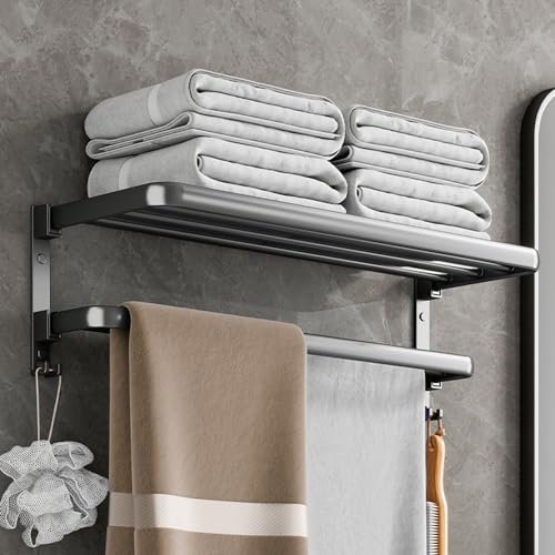 XINYASEE Porta asciugamani da bagno a doppia barra piatta pieghevole, in alluminio senza fori, autoadesivo, adatto a lavanderie, cucine, bagni e piatti doccia, portata 50 kg (40cm, Grigio)