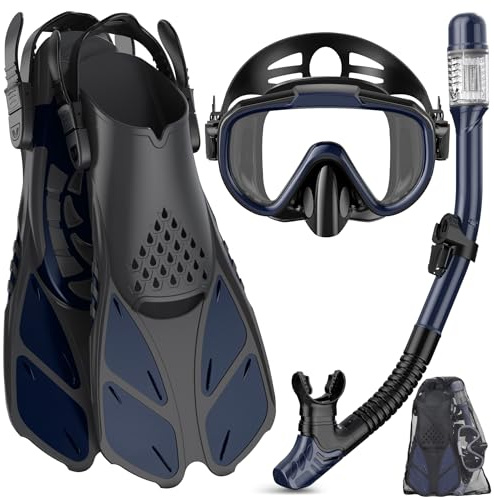 Ubekezele Schnorchelausrüstung für Erwachsene, Männer und Frauen, 4-in-2-Schnorchel-Set mit Panoramablick, Tauchmaske, Anti-Beschlag, Anti-Auslauf, Dry Top Schnorchel, Flossen und Reisetasche zum