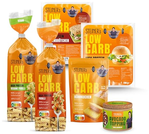 STEINER's Low Carb Kennenlern Box | 79-99% weniger Kohlenhydrate | Fusilli, Brötchen & Rührkuchen Backmischung | Inkl. Avocado Topping | Ballaststoffreich, Eiweißreich, low calorie Lebensmittel
