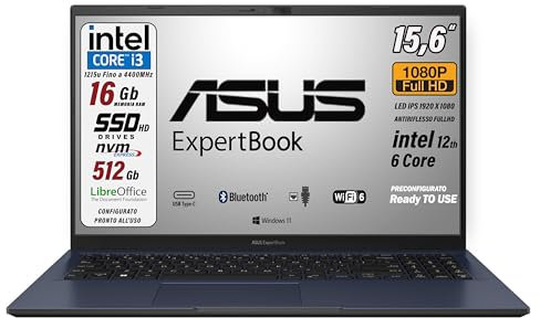 ASUS Expertbook, PC Portatile, cpu Intel Core i3 13Th 6Core, RAM 16 Gb, SSD PCIe Nvme 512 Gb, 15,6 FullHD antiriflesso, Wi-Fi 6, 4 USB, BT, lan, Intel Uhd, Win 11, preconfigurato