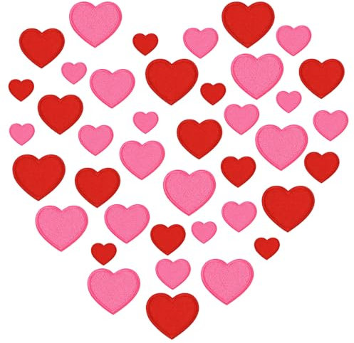 32PCS Heart Shape Iron On Patches Red Pink Heart Iron On Patch Cute Mini Heart Iron-On Sew-On Patches Embroidered Heart Patch Assorted Size Custom Patches for Clothing Jackets Jeans Hats Bags