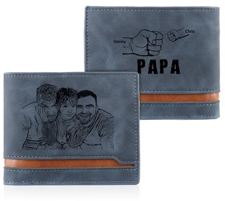 jewelora Portefeuille Personnalisé pour Homme avec Gravure Photo et Nom pour Papa Poing Portefeuille Homme avec Porte-Carte Identité pour Mari Père Cadeaux Anniversaire (#2-Bleu)