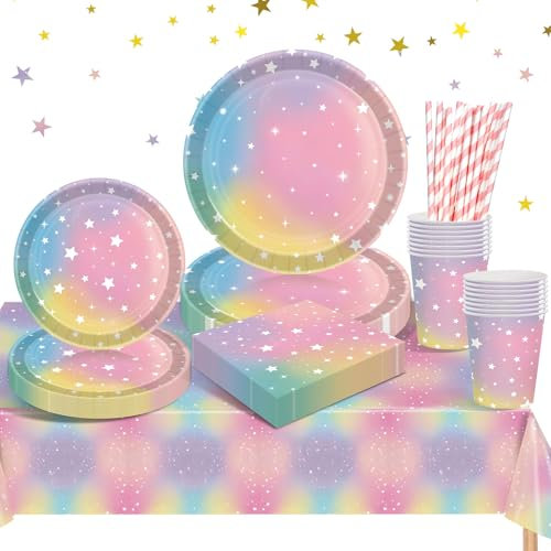 YEJIKJ Regenbogen Partygeschirr Kindergeburtstag Set, Geburtstag Partygeschirr Pappteller Set mit Tischdecke Pappteller Geburtstag Becher Servietten für Kindergeburtstag Hochzeiten Babyparty(16 Gäste)