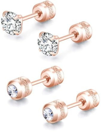 ZOCOYUU 2 Pairs Stud Earrings Set,Hypoallergenic 5A Cubic Zirconia 316L Stainless Steel CZ Screw Back for Men,Women,Boys & Girls (2 Pairs Rose Gold-4mm)