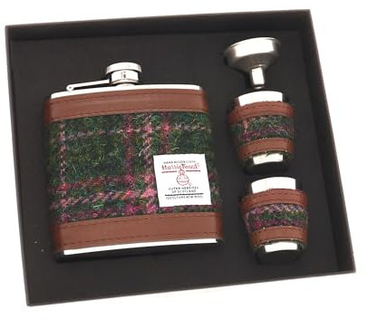 Glen Appin Harris Tweed Hip Flask & Cups Gift Set (Col 107 Green Plum Check)