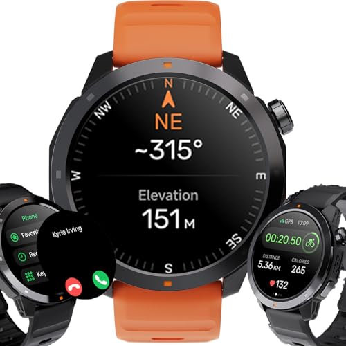 Montre GPS étanche Montre Connectée Homme Femme de Sport multi activités Podomètre Appels Bluetooth Longue Autonomie Moniteur Fréquence Boussole suivi de la Pression Atmosphérique, Altimètre 1ATM