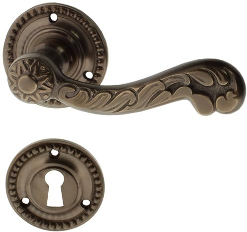 Ventano TÜRBESCHLAG antik - Rosettengarnitur Modell “Neubrück A“ Buntbart für Zimmertüren | aus antik Messing